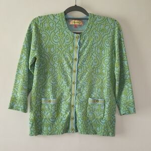 Lilly & Van Cardigan Sweater Sz Medium Green Blue Pockets Button Up Ribbon